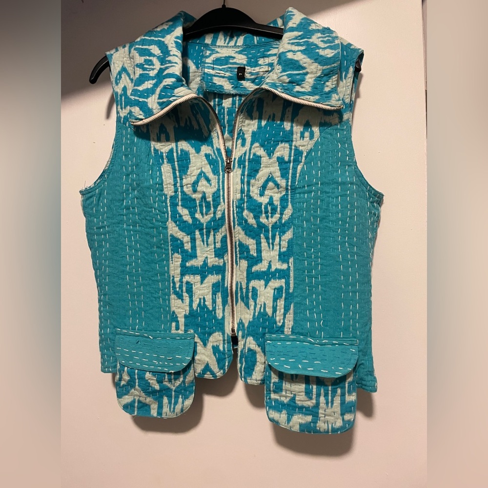 Turquoise and White Patterned Ikat Vest - NWT
